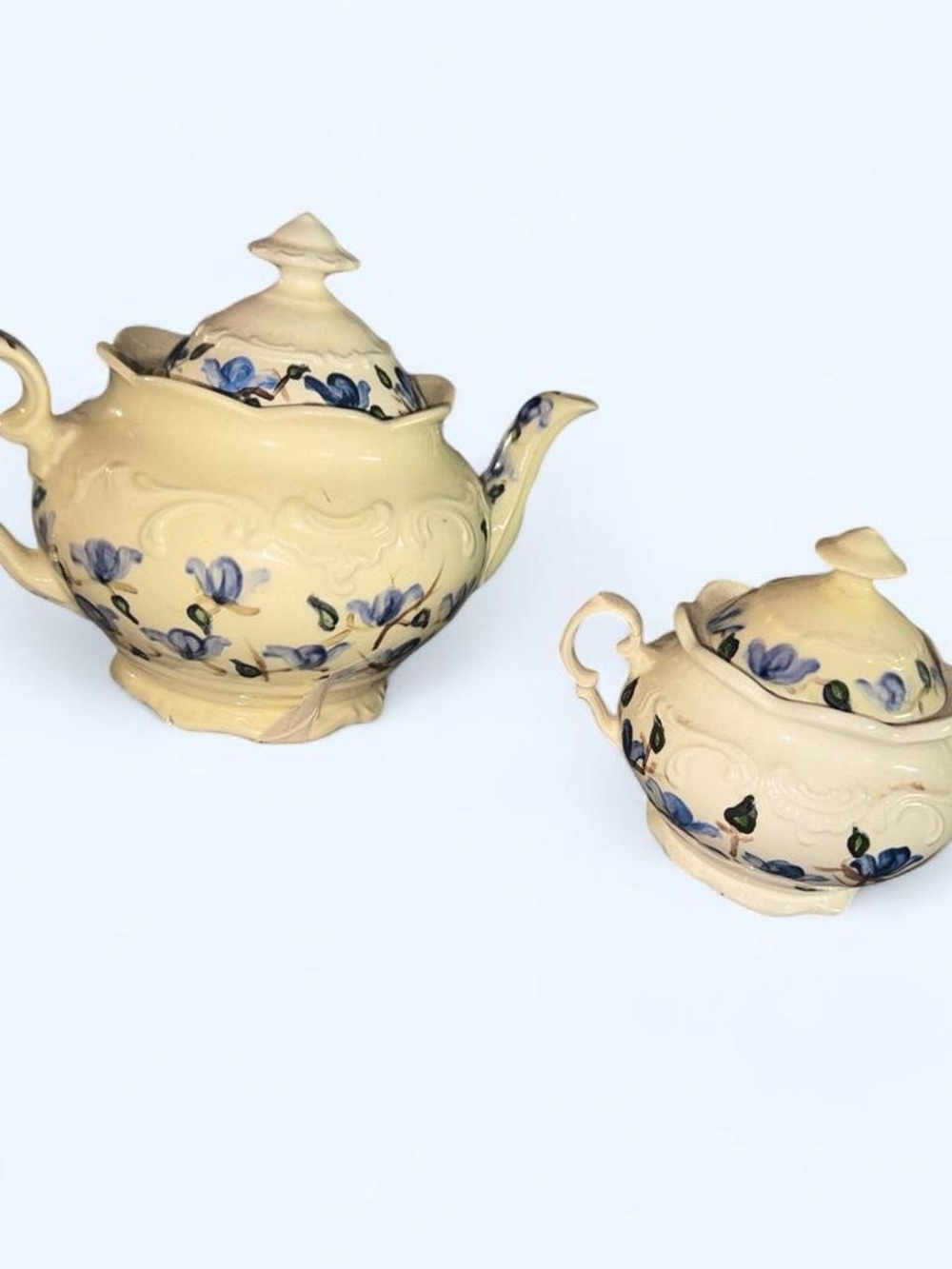 Mountainside Hand-Painted Blue Floral Ceramic Teapot and Sugar Bowl Set